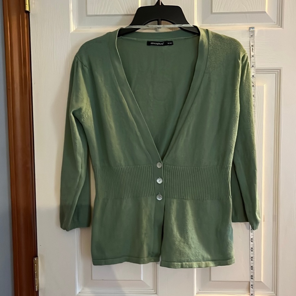 Atmosphere-fits like S/M-green-3 button 3/4 sleeve lightweight cardigan sweater